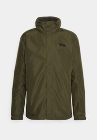 Veste imperméable vert olive avec un col haut, fermeture éclair et poches latérales. Dotée d'un logo noir sur la poitrine et de manches élastiques.