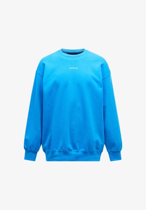 Blue sweatshirt made of soft fabric, featuring a crew neckline and ribbed cuffs and hem. Logo printed on the front in white.