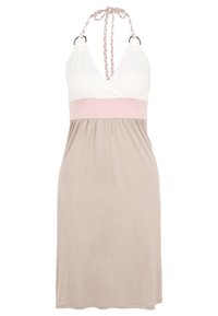 Halterkleid mit weißem Oberteil, pinkem Mittelteil und beigem Rock. Verfügt über geflochtene Träger und metallische Akzente am Ausschnitt.