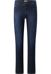 Jeans de mezclilla de lavado oscuro con corte recto, diseño de cinco bolsillos y detalle de botón de metal. Tejido resistente con una textura suave.