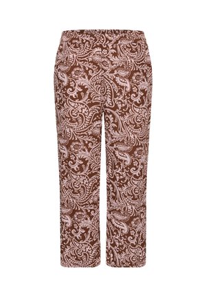 Pantalon marron avec un motif floral et cachemire rose clair complexe, coupe droite, ceinture élastique, longueur complète.