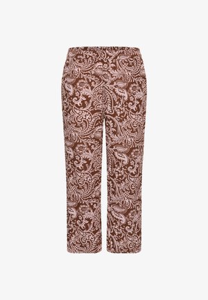 Barna nadrág világos rózsaszín, bonyolult virág- és paisley mintázattal, egyenes szabású, rugalmas derékpánttal, teljes hosszúságú.