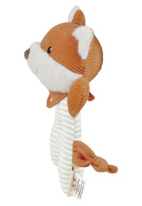 Stuffed fox toy with a corduroy orange head, plush white accents, and a green striped body. Tail tied with a brown fabric knot.
