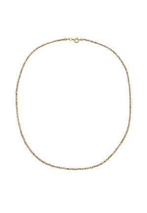 Zarte goldene Perlenkette mit kleinen, strukturierten Perlen und einem Federringverschluss auf weißem Hintergrund.