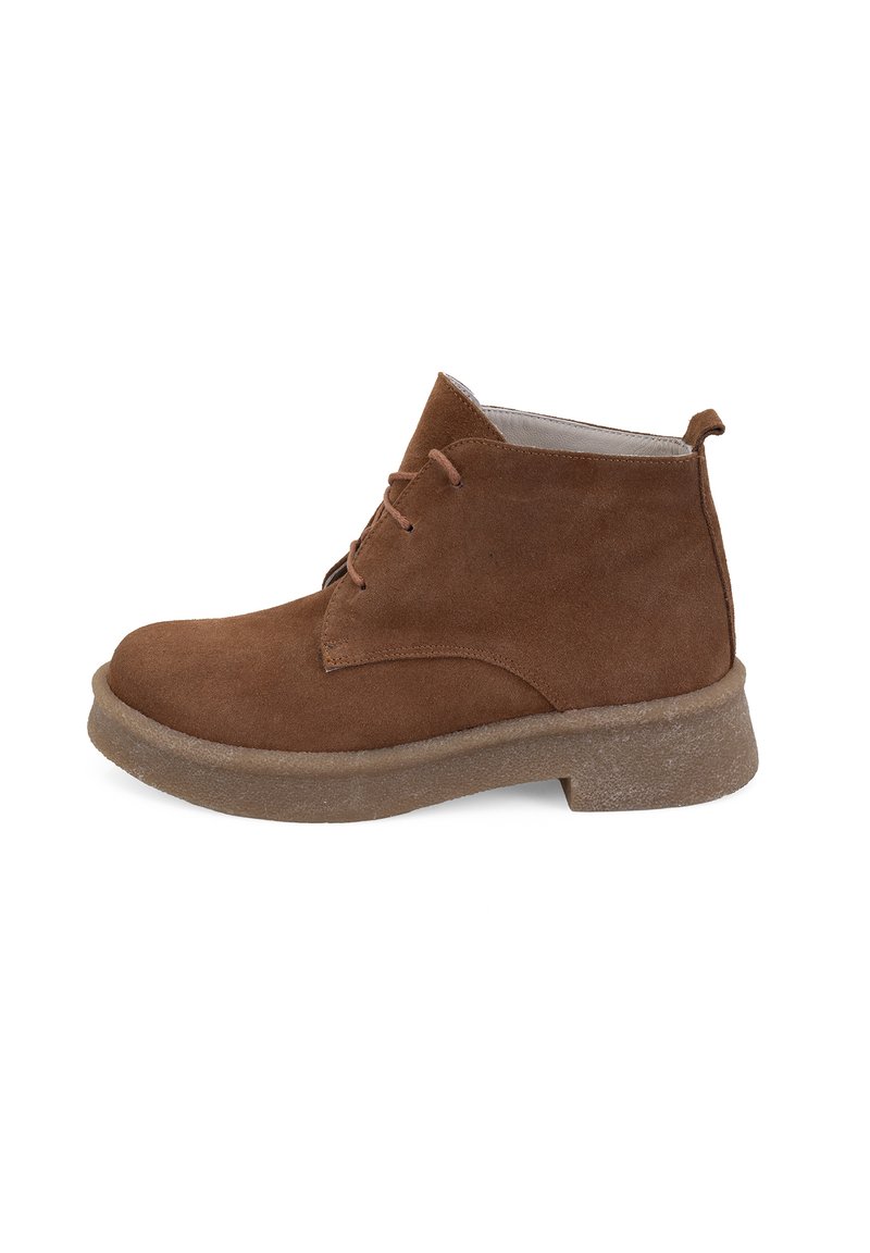 Bottines en suede marron avec un bout rond, un laçage et une semelle en caoutchouc texturée. Elles disposent d'un petit talon et d'une languette à l'arrière.