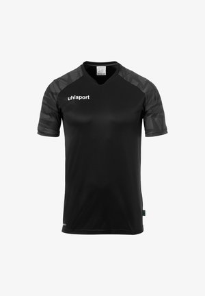 Sort kortærmet trøje med rund halsudskæring, prydet med et geometrisk mønster på skuldrene. "uhlsport" logoet viser sig på fronten.