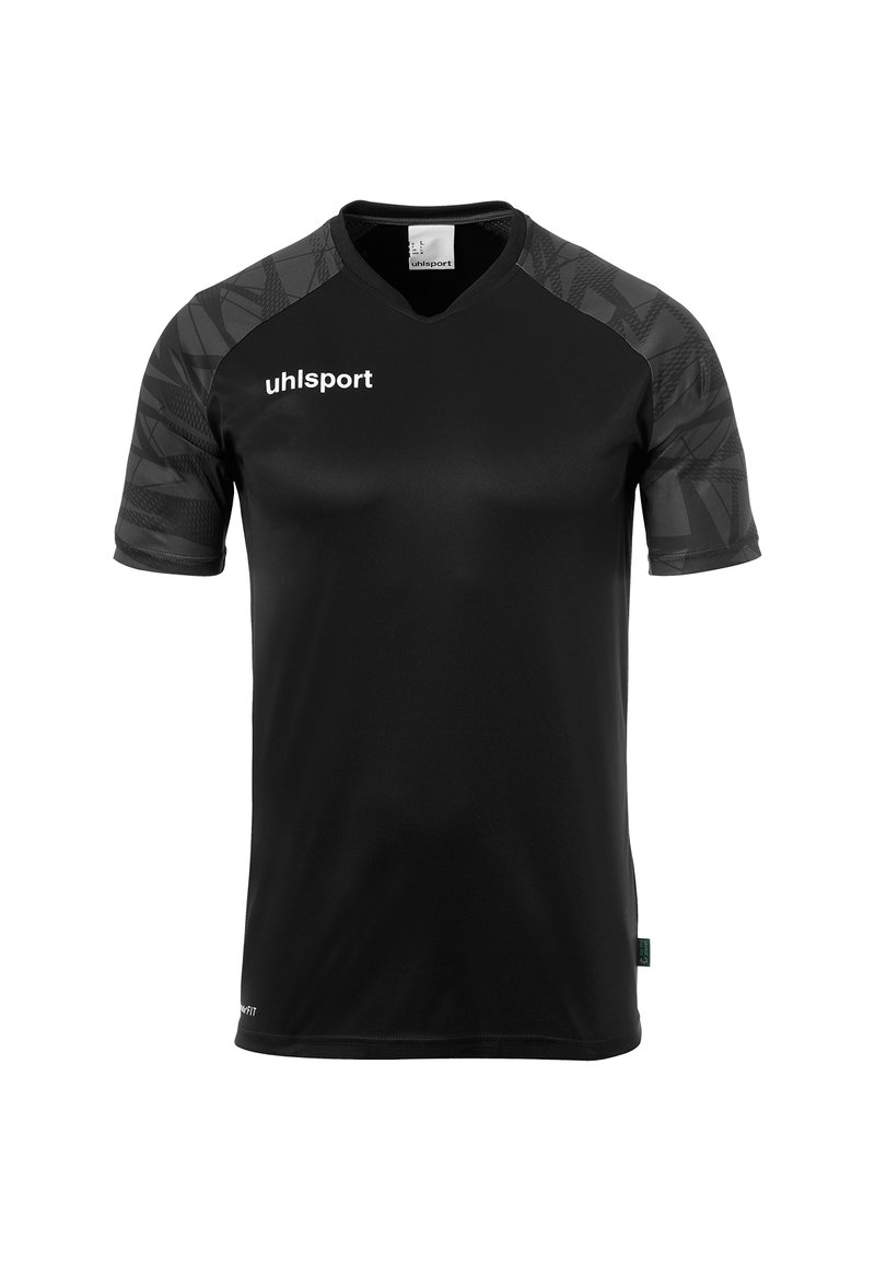 Jersey nero a maniche corte con colletto rotondo, caratterizzato da un motivo geometrico sulle spalle. Logo "uhlsport" visibile sul davanti.