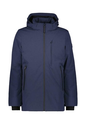 Marineblauwe geïsoleerde jas met een ritssluiting aan de voorkant, capuchon en twee zijzakken. Heeft zwarte afwerking en een enkele borstzak. Soepele textuur.