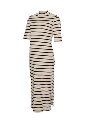 Beige midi-mittainen mekko, jossa mustat vaakasuorat raidat, lyhyet hihat, korkea kaulus ja sivuhalkio, yksinkertaisella taustalla.