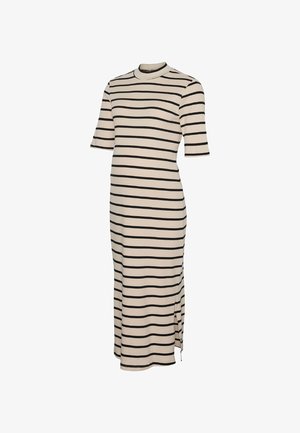 Beige midi-mittainen mekko, jossa mustat vaakasuorat raidat, lyhyet hihat, korkea kaulus ja sivuhalkio, yksinkertaisella taustalla.