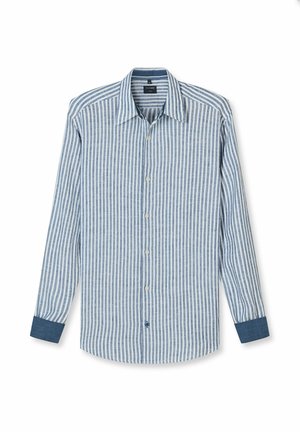 Men's long-sleeve button-up shirt with vertical blue and white stripes and solid dark blue cuffs, laid flat on white background.