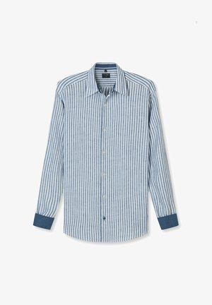 Men's long-sleeve button-up shirt with vertical blue and white stripes and solid dark blue cuffs, laid flat on white background.