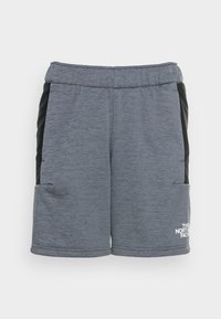 Šedé atletické šortky s černými bočními panely, elastickým pasem, bočními kapsami a logem na dolní části nohy; hladká textura a prodyšný materiál.