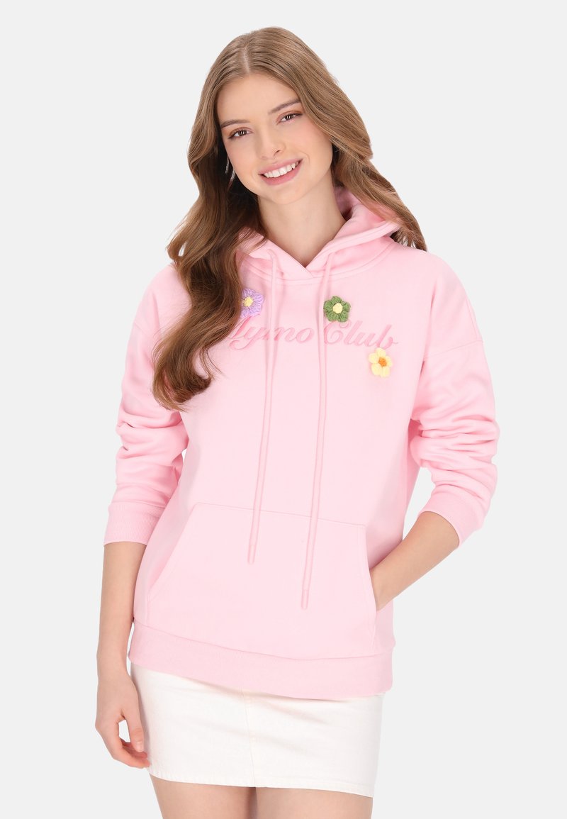 Sudadera con capucha rosa hecha de tela suave con un bolsillo frontal y cordones. Cuenta con flores bordadas en verde, púrpura y amarillo.
