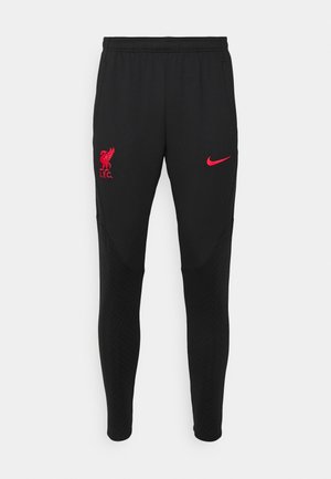 Zwarte slim-fit sportbroek met rood Liverpool FC-logo op de linker dij en een rode Nike-swoosh op de rechter dij, elastische tailleband.