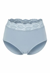 Jasnoniebieskie damskie majtki z wysokim stanem, szerokim pasem z kwiatowej koronki i gładkiego bawełnianego materiału.