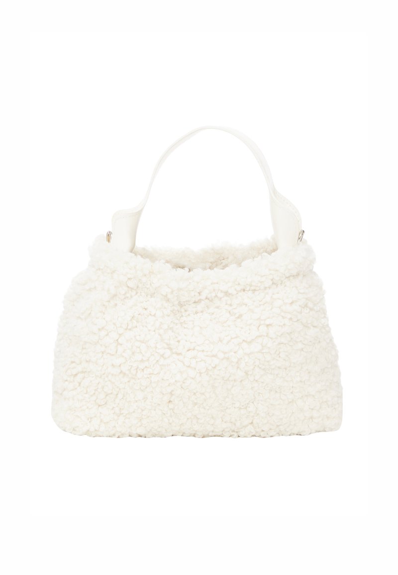 Hvid faux fur håndtaske med en blød, tekstureret overflade. Har et enkelt tekstureret håndtag og en rund form med en afslappet åbning.