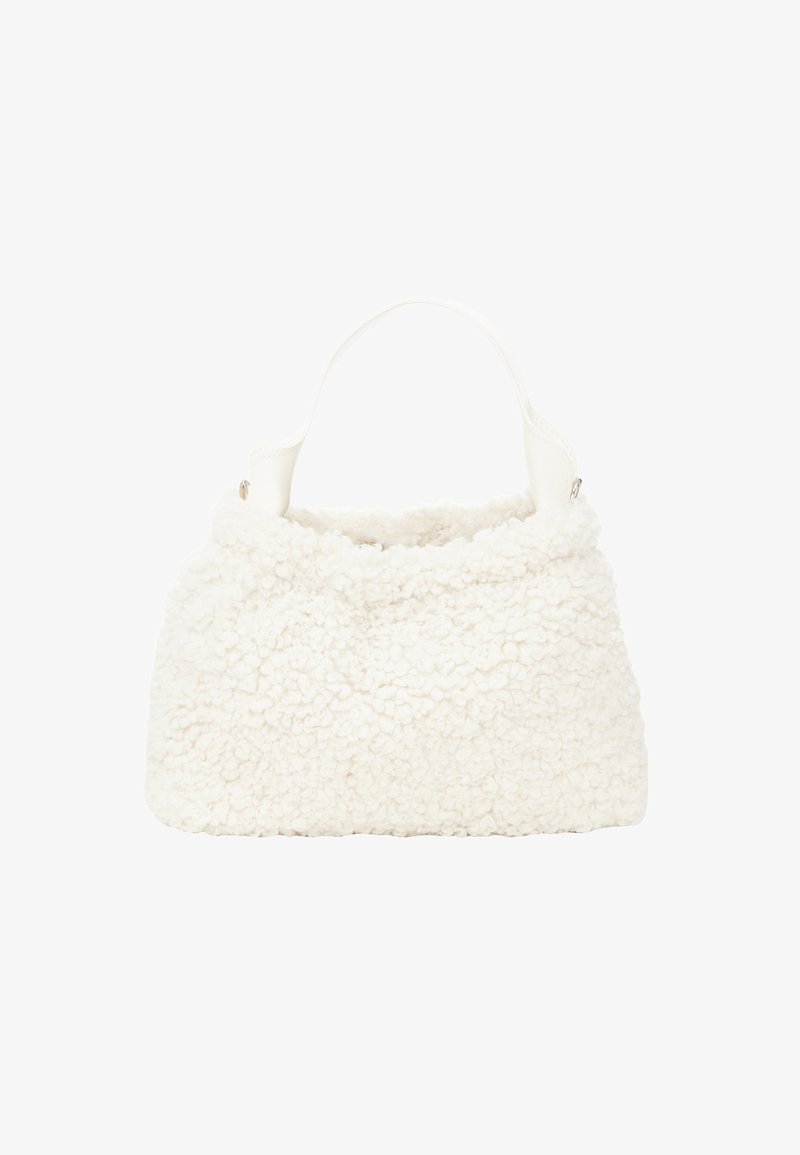 White faux fur handbag with a soft, textured exterior. Features a single textured handle and a rounded shape with a relaxed opening.