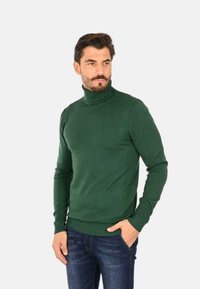 Maglione verde a collo alto con un design aderente, caratterizzato da maniche lunghe e polsini e orlo a coste, indossato con jeans blu. Texture liscia.