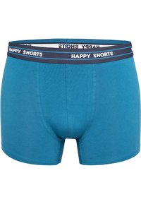 Teal katoenen boxershorts met een marineblauwe elastieken tailleband waarop in witte letters "HAPPY SHORTS" staat. Gladde textuur en aansluitend design.