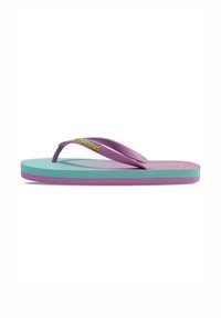 Paarse en muntgroene flip-flop met een gestructureerde band en een meerlagige zool met zichtbare roze en groene accenten.
