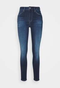 Smala jeans i mörk indigodämpad denim med hög midja, femfickorsdesign, kontrasterande sömmar och en lätt blekning mot fållen.