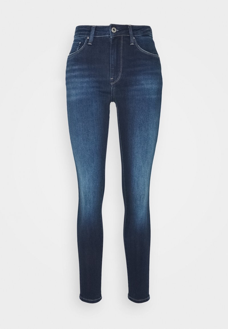 Jeans skinny en denim indigo foncé, avec une taille haute, un design à cinq poches, des coutures contrastées et une légère décoloration vers l'ourlet.