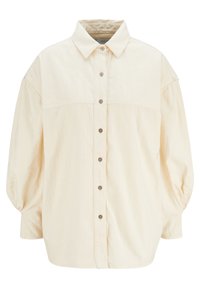Camicia button-up beige chiaro con colletto, maniche ampie e vestibilità rilassata. Presenta una patta con bottoni e un dettaglio di cucitura sottile.