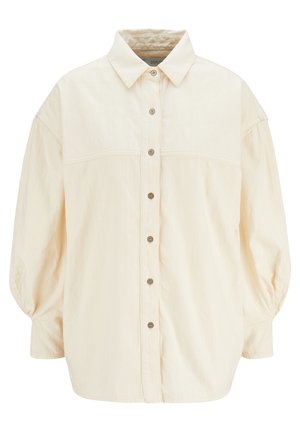 Helles beige Hemd mit Knopfleiste, breiten Ärmeln und lockerer Passform. Verfügt über eine Knopfleiste und subtile Nähdetails.