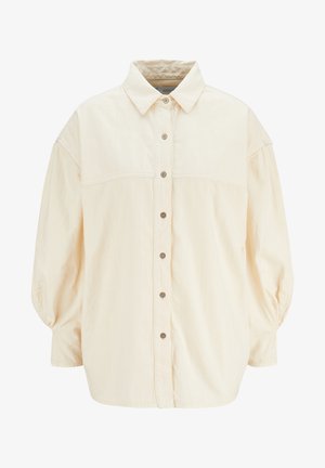 Light beige button-up shirt with a collared neck, wide sleeves, and a relaxed fit. Features button placket and subtle stitching detail.