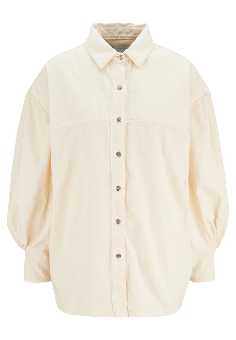 Camicia button-up beige chiaro con colletto, maniche ampie e vestibilità rilassata. Presenta una patta con bottoni e un dettaglio di cucitura sottile.