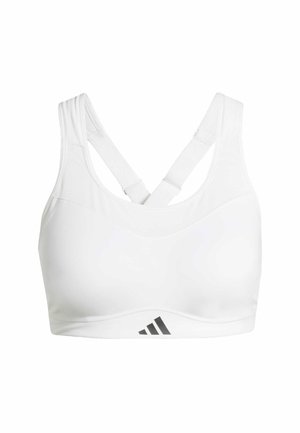 Weißer Sport-BH mit rundem Ausschnitt, dicken gekreuzten Trägern auf dem Rücken und einem grauen Adidas-Logo auf der unteren linken Seite. Glatte Textur des Materials.