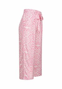 Pantalons larges à motifs roses avec un design géométrique, taille nouée et texture lisse. Ajustement taille mi-haute avec poches latérales.
