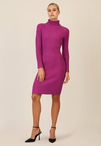 Abito a maniche lunghe, aderente e con collo alto a coste, di colore viola brillante, lunghezza al ginocchio. Indossato con tacchi a spillo neri.