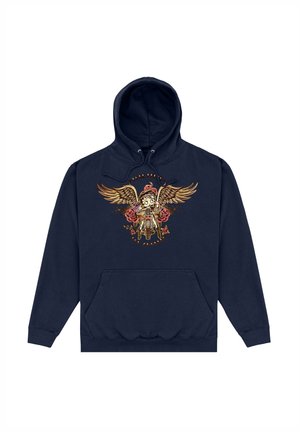 Granatowa bluza z kapturem z kieszenią z przodu, z kolorową grafiką postaci z skrzydłami i różami, wydrukowaną w szczegółowych wzorach.