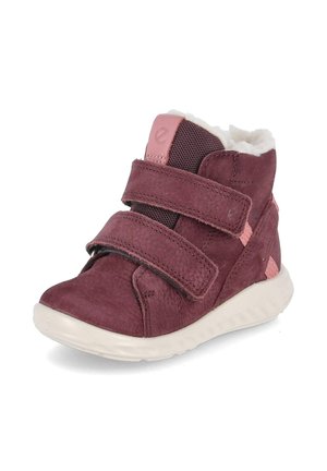 Kinderschoen met hoge schacht in bordeaux met twee klittenbandsluitingen, roze details, witte fleece voering en een witte zool.