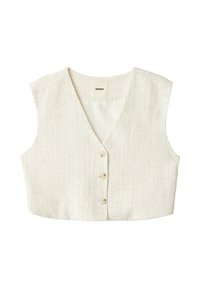Cremfarbener, ärmelloser, cropped Vest mit V-Ausschnitt und drei vorderen Knöpfen, aus leichtem Stoff gefertigt.