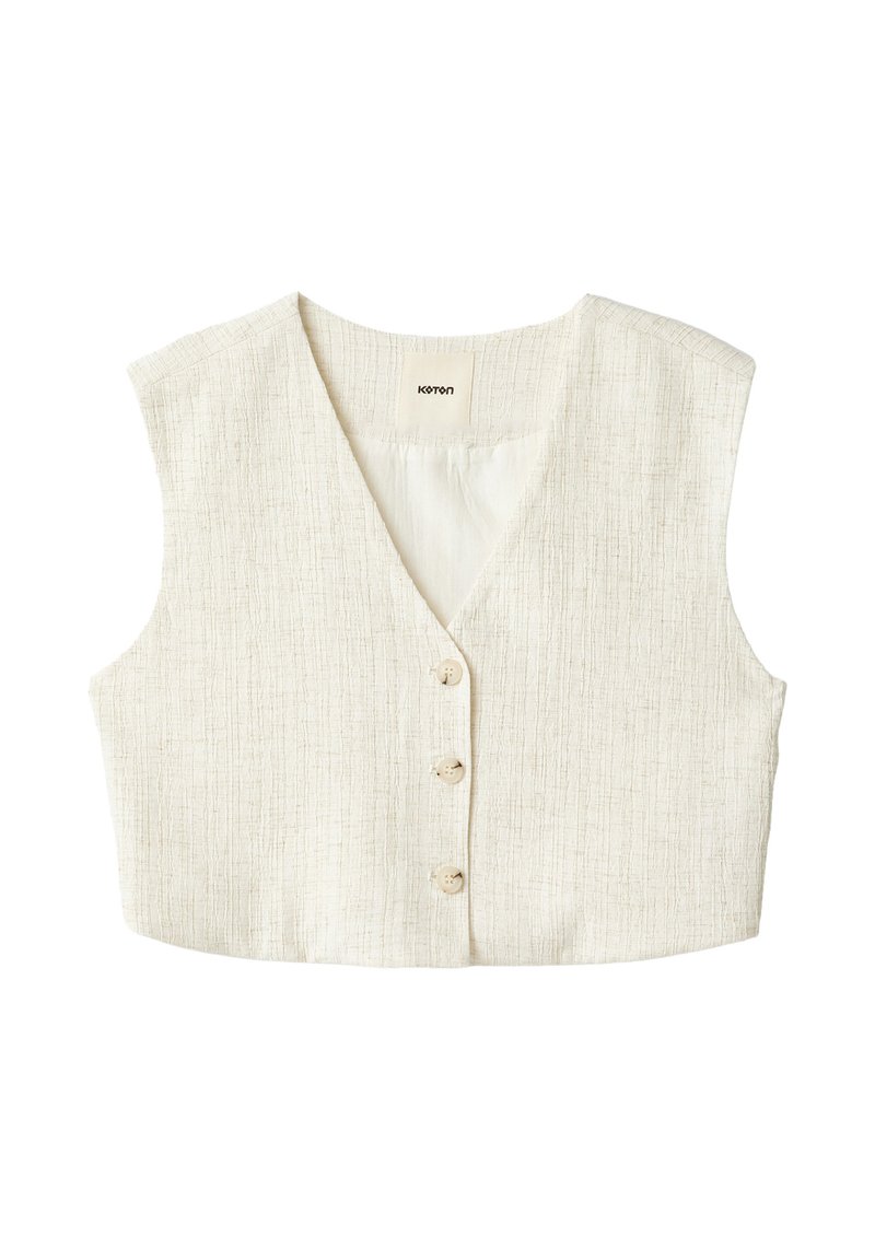 Cremfarbener, ärmelloser, cropped Vest mit V-Ausschnitt und drei vorderen Knöpfen, aus leichtem Stoff gefertigt.