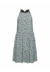 Robe sans manches longueur genou avec motif floral multicolore, boutonnée devant et coupe ample et fluide.