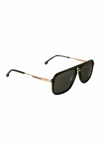 Schwarze oversized Sonnenbrille mit quadratischer Form, dunklen Gläsern und goldfarbenen Metallakzenten an den Bügeln und der Brücke.