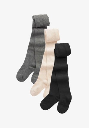 Collants tricotés en noir, gris et rose clair. Chacun a une texture lisse et un revers roulé en haut. Les collants sont longs et ajustés.