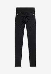 Leggings neri con una texture liscia, caratterizzati da un design arricciato sul retro e un branding discreto. Realizzati in materiale elastico e traspirante.
