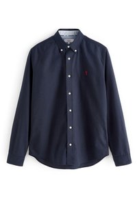 Chemise à manches longues bleu marine avec col boutonné, boutons blancs et logo de homard rouge sur la poitrine. Tissu lisse, ourlet arrondi.