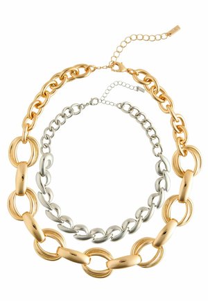 Gold- und Silbermetallkettenhalsketten mit großen ovalen Gliedern und glatten, glänzenden Oberflächen, ausgestattet mit verstellbaren Verschlüssen und Verlängerungsketten.