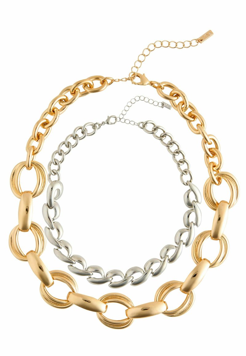 Gold- und Silbermetallkettenhalsketten mit großen ovalen Gliedern und glatten, glänzenden Oberflächen, ausgestattet mit verstellbaren Verschlüssen und Verlängerungsketten.