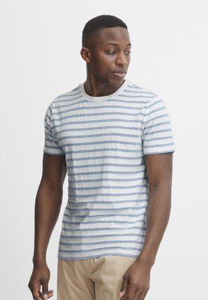 Short-sleeve t-shirt featuring horizontal blue and white stripes, crew neckline, and a soft texture. Casual fit with no visible logos.