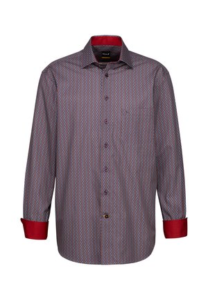 Hemd mit Knopfleiste aus gemustertem Stoff in Rot- und Blautönen. Verfügt über einen roten Innenkragen und -manschetten sowie Knopfakzente.