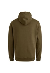 Felpa verde oliva scuro, in misto cotone, presenta un cappuccio arrotondato, maniche lunghe, polsini a coste e una schiena liscia senza decorazioni.