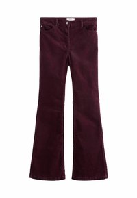 Udvidede bordeaux corduroy bukser med en glat tekstur, der har fem lommer, knaplukning og synlige syninger.