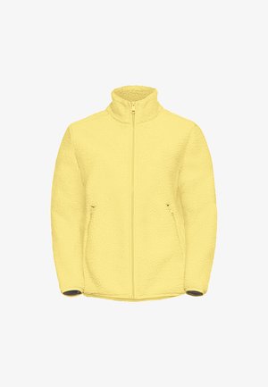 Veste en polaire, jaune vif, fermeture éclair à l'avant, col haut, deux poches avant avec zippers, texture douce, coupe décontractée, manches longues.